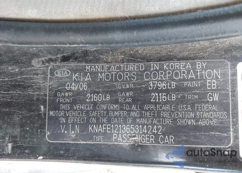 2006 Kia Spectra Ex/Lx/Sx z USA, uszkodzony, nr VIN KNAFE121365314242